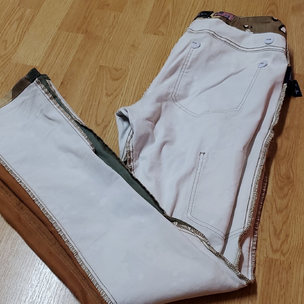 Distressed Tan and Brown Bootcut Jeans with Patchwork Design Size W34 - Picture 12 of 16